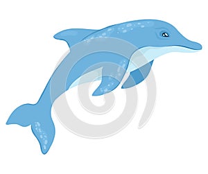 Blue cartoon dolphin swimming underwater. Cute marine animal with happy expression. Ocean wildlife and sea creatures