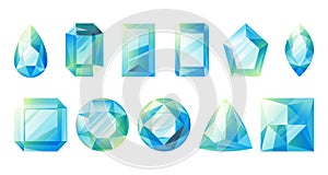 Blue cartoon gems in different geometric shapes. Faceted diamonds and crystals. Set of vector shining realistic