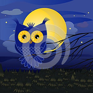 Blue cartoon night owl with a full moon above a pine forest