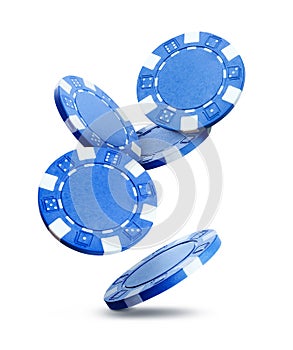 Blue casino chips falling on white background