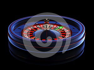 Blue casino roulette wheel isolated on black background. 3d rendering illustration.