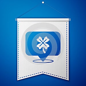 Blue Casino slot machine with clover symbol icon isolated on blue background. Gambling games. White pennant template