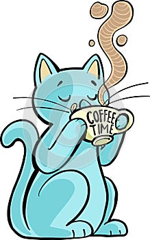 Blue cat drinks coffee from a cup