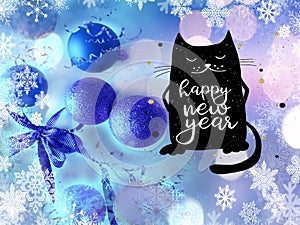 Blue Cat with Happy New wishes greetings card, bred silver and gold ball on white background blurred light season banner copy s
