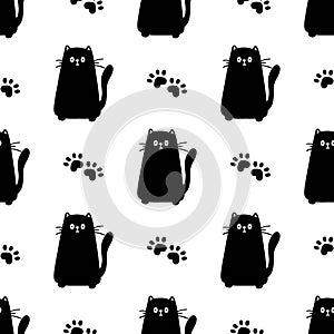 Blue cat seamless pattern. Meow and cat paws background vector illustration. Cute cartoon for nursery