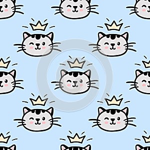 Blue cat seamless pattern. Meow and cat paws background vector illustration. Cute cartoon pastel character for nursery