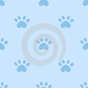 Blue cat seamless pattern. Meow and cat paws background vector illustration. Cute cartoon pastel character for nursery