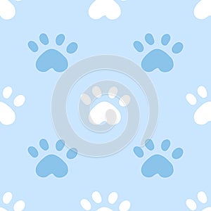 Blue cat seamless pattern. Meow and cat paws background vector illustration. Cute cartoon pastel character for nursery