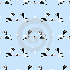 Blue cat seamless pattern. Meow and cat paws background vector illustration. Cute cartoon pastel character for nursery