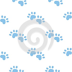 Blue cat seamless pattern. Meow and cat paws background vector illustration. Cute cartoon pastel character for nursery