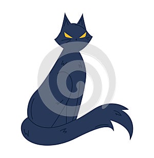 Blue cat sitting with a grumpy expression and yellow eyes. Stern feline with a sassy attitude indoors. Animal mood and