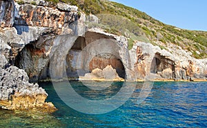 Blue caves at bright sunny day Zakinthos Greece