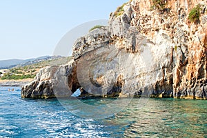 Blue caves at bright sunny day Zakinthos Greece photo