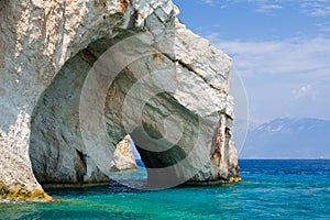 Blue Caves, famous wild natural rock formations as coastline of Lefkada island, Greece