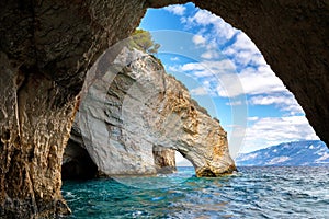 Blue caves on Zakynthos island, Greece. Famous blue caves view on Zakynthos island