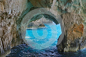 Blue Caves - Zakynthos Island, landmark attraction in Greece. Ionian Sea. Seascape