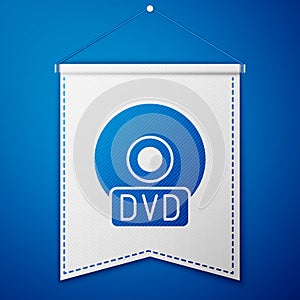 Blue CD or DVD disk icon isolated on blue background. Compact disc sign. White pennant template. Vector Illustration