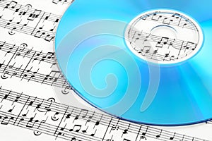 Blue CD or DVD on sheet music