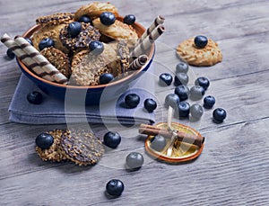 Blue ceramic bowl with cookies