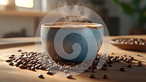 Blue Ceramic Coffee Cup on Roasted Beans