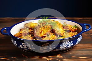 blue ceramic dish filled with freshly fried latkes