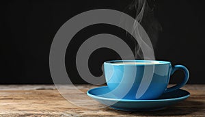 Blue ceramic cup with hot aromatic coffee on wooden table against black background