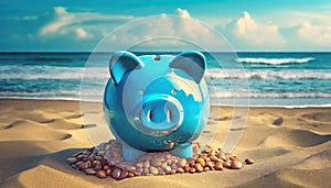 blue ceramic piggy bank on the beach with the sea in the background