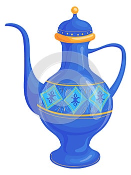 Blue ceramic pitcher. Ancient eastern vessel. Cartoon jug