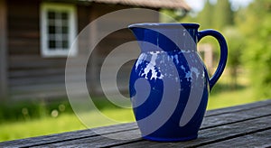 Blue Ceramic Pitcher on Wooden Surface Outdoors Rustic Scene