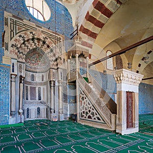 Blue ceramic tiles, Engraved Mihrab niche and decorated marble Minbar Platform, Mosque of Aqsunqur Blue Mosque, Cairo, Egypt