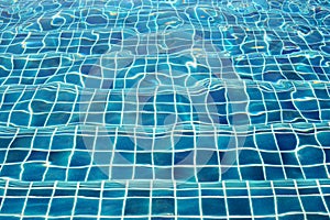 Blue ceramic wall tiles and details of surface on swimming pool