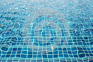 Blue ceramic wall tiles and details of surface on swimming pool