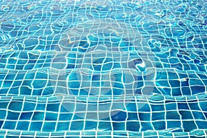 Blue ceramic wall tiles and details of surface on swimming pool