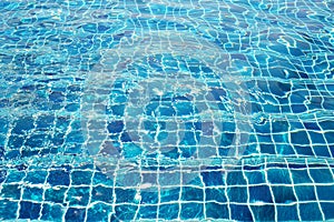 Blue ceramic wall tiles and details of surface on swimming pool