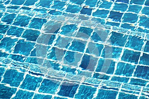 Blue ceramic wall tiles and details of surface on swimming pool