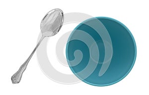 Blue cereal bowl with a spoon on a white background