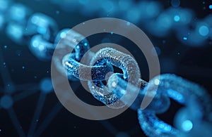 Blue chain link structure on dark blue background. Chain texture with shiny surface. Link chain connection. Abstract