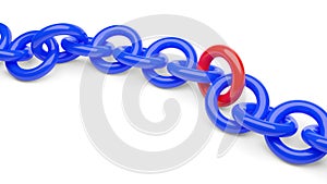 Blue chain with one red link element over white background, team, teamlead or software development modules concept