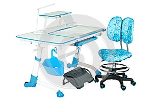 Blue chair, school desk, blue basket, desk lamp and black support under legs