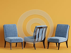 Blue chairs on yellow backgrond with copy space