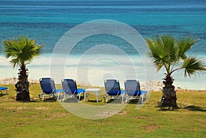 Blue chaise lounges on beach