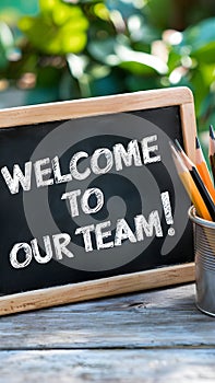 Blue chalkboard with WELCOME TO OUR TEAM in white chalk, pot of pencils photo