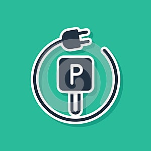 Blue Charging parking electric car icon isolated on green background. Vector