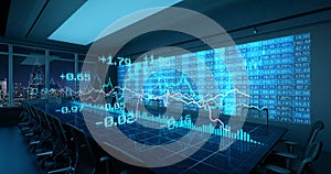 Blue Charts Diagrams of Financial Statistics report Growing on Table in Night Office