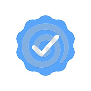 Blue check mark tick verification icon symbol. Confirm checkmark label approval quality product verification blue tick.