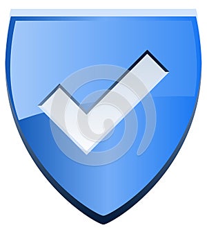 Blue checkmark on rounded shield crest vector illustration icon