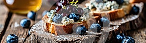 Blue Cheese on Bread, Gorgonzola with Berries and Honey, Bruschetta with Ricotta, Blueberries photo