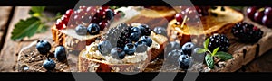 Blue Cheese on Bread, Gorgonzola with Berries and Honey, Bruschetta with Ricotta, Blueberries photo