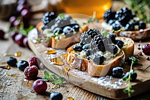 Blue Cheese on Bread, Gorgonzola with Berries and Honey, Bruschetta with Ricotta, Blueberries photo