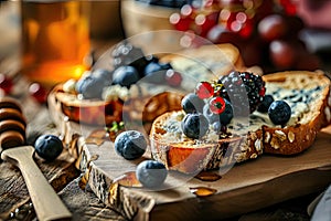 Blue Cheese on Bread, Gorgonzola with Berries and Honey, Bruschetta with Ricotta, Blueberries photo